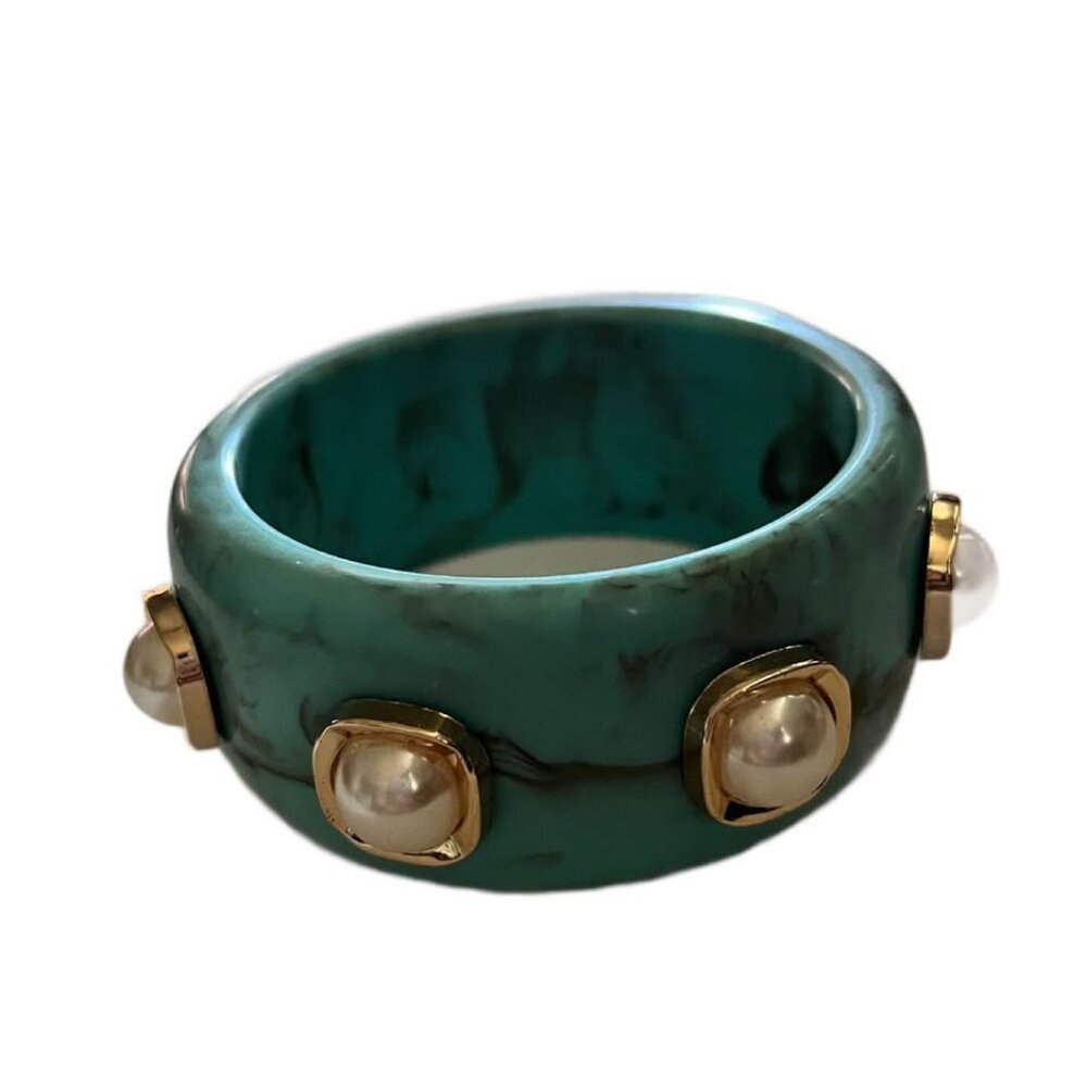 Large Turquoise Color Resin Bangle with Pearl & Gold Bezel Accents